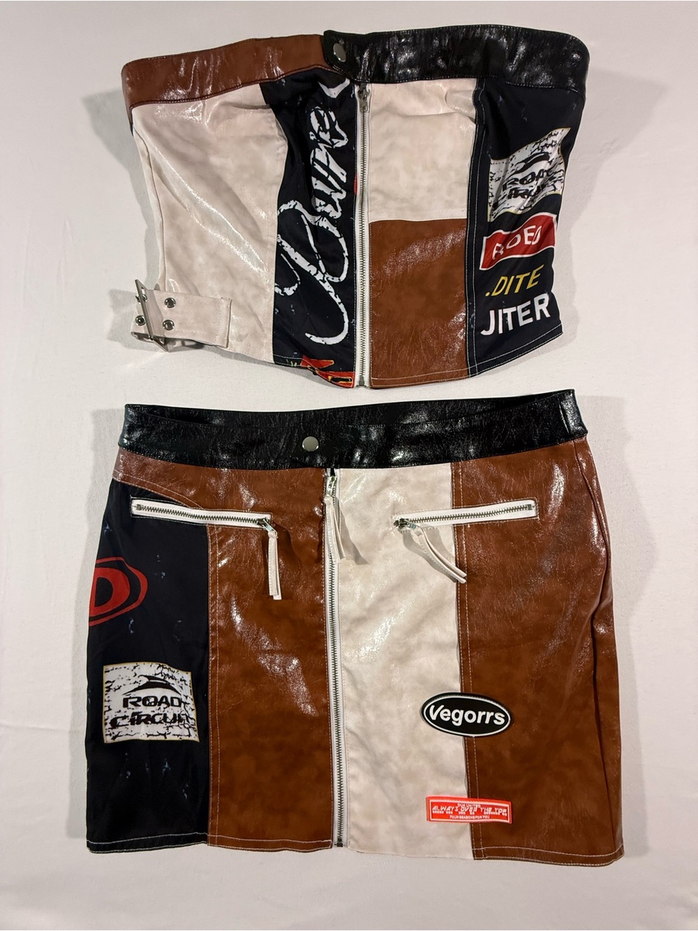 Fashion Nova Patchwork Faux-Leather Mini Skirt in Brown, Cream & Black  Y2K